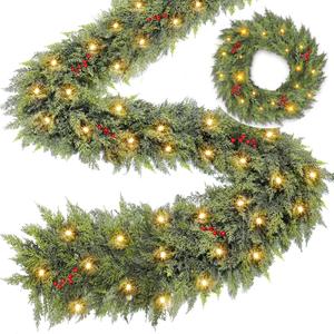 Thicker&Timer - 6 Ft by 12 Inch Real Touch Cedar Garland with Lights Realistic Soft Thickness Christmas Garland, Lighted Faux Pine Garlands Cypress Garlands for Fireplace Mantle Table Indoor Outdoor