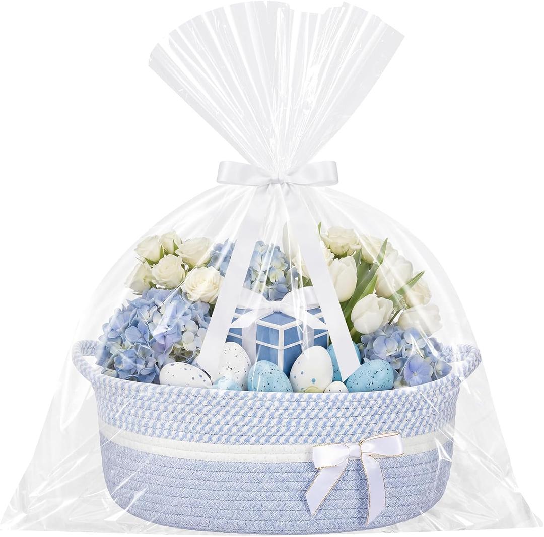 Colingmill Woven Basket for Gift Empty with Cellophane Wrap Set 14 x 10 x 5.5 Inch, Medium Decorative Gift Basket Empty to Fill, Cotton Rope Storage Box Decor(Blue White)