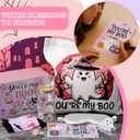 9 Pcs Halloween Pink Boo Basket Stuffers Gifts for Women, Ghost Glass Cups Tumbler 16 oz with Lid, Pink Tote Bags, Socks, Halloween Gifts Box for Teens Girls Her Sister Family Friends Adult