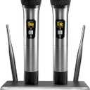 TONOR Wireless Microphone, Metal Dual Professional UHF Cordless Dynamic Mic Handheld Microphone System for Home Karaoke, Meeting, Party, Church, DJ, Wedding, Home KTV Set, 200ft, TW-820 Grey (Silver)