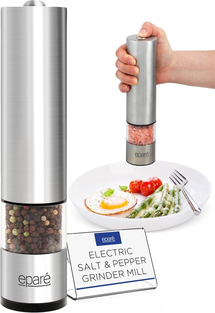 Epar Salt or Pepper Grinder Mill Electric  Battery Operated Stainless Steel Mill with LED Light, Adjustable Ceramic Core, and One-Hand Push Button for Effortless Seasoning and Cooking