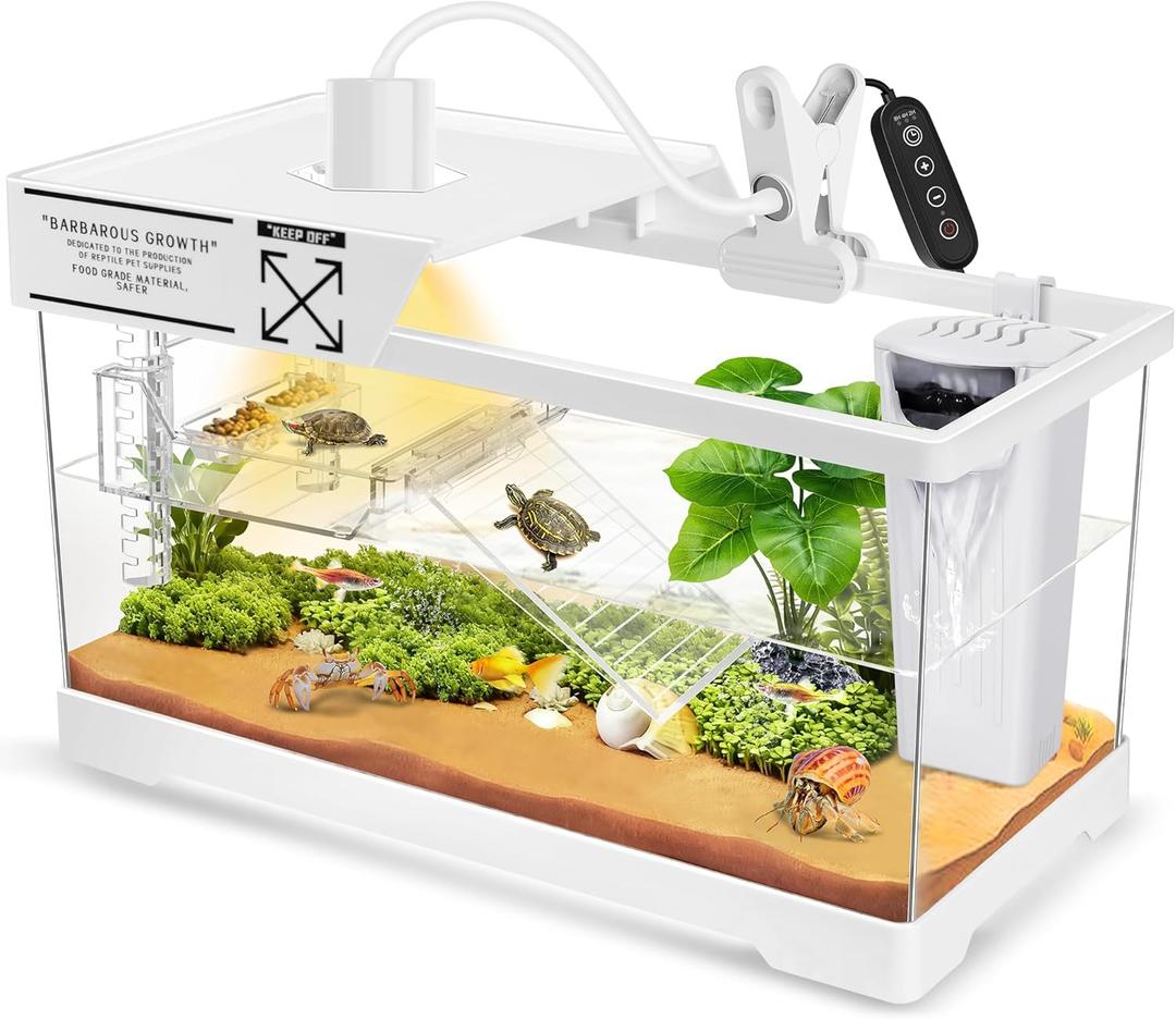 GOZILLA Aquatic Turtle Tank+Lamp+Filter Kit, Upgrade PC Turtle Tank Starter Kit with Adjustable 360Lamp & Filter,Reptile Habitat Lid,Hanging Platform for Small Reptiles.(15.757.99''/White)