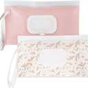 Wipe Dispenser and Wipes Container, 2 Pack Reusable Wipes Holder and Travel Wipes Case, Refillable Pouch for Baby Essentials, Pink & Leaf Design (pink)