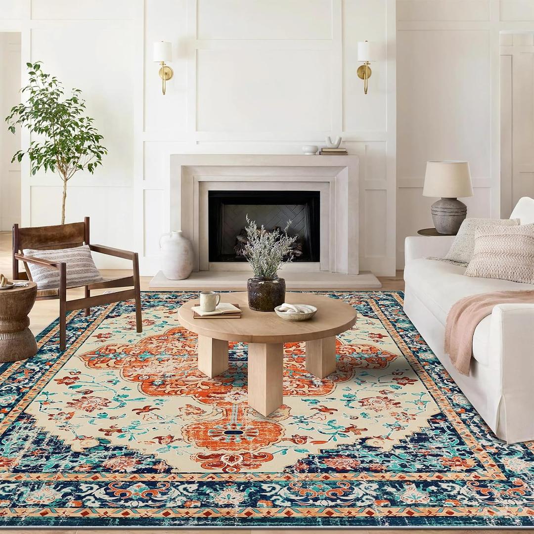 U'Artlines Boho Vintage Area Rug 8x10 Machine Washable Low Pile Soft Floor Carpet Non Slip Non Shedding Accent Rug for Living Room Bedroom Entryway Dining Room Office Orange/Multi (8'x10')
