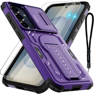 Case for Samsung Galaxy S25/S24 with 2*Screen Protector, Slide Camera Cover, Kickstand, Lanyard Strap, Dual Layer Rugged Non-Slip, Purple