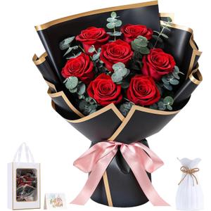 Lewondr Flower for Delivery, Preserved Flowers Bouquet, Red Roses Bouquet, Real Long-Lasting Forever Birthday Flowers Gifts for Her Wife Girlfriend Valentines Day Anniversary Mothers Day, Black-Red