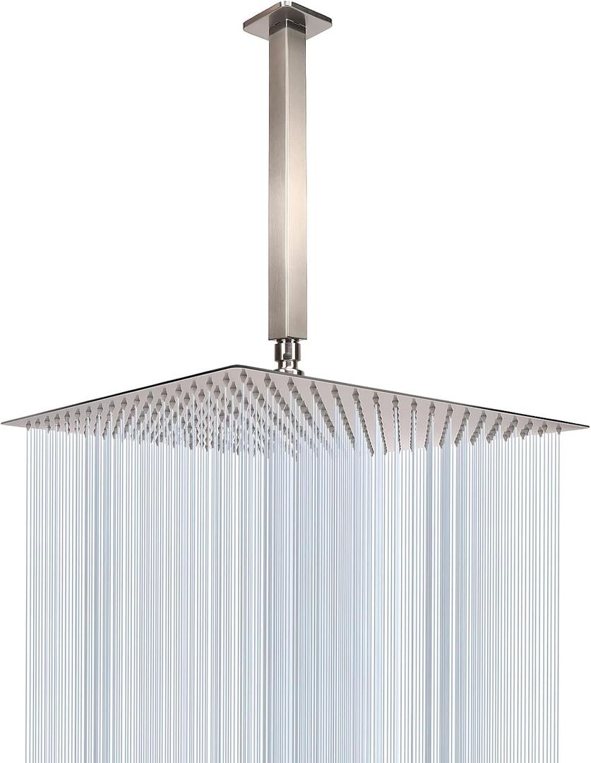 NearMoon Rain Shower Head With Shower Arm, Ceiling Mount Square Shower, Stainless Steel Ceiling Rainfall Showerhead- Waterfall Full Body Coverage (16 Inch, Brushed Nickel)