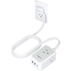 Ultra Thin Flat Extension Cord 10 FT, TESSAN Small Flat Plug Power Strip with 3 USB Charger (1 USB C), 3 Outlets Desk Charging Station, 10 Feet Long Slim Plug for Travel, Dorm Room, Office Essentials (Gray)