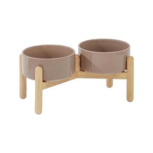 Havniva Ceramic 6.1inch Raised Dog Bowl with Stand for Small and Medium Breed Dog Dish Pet Food and Water Bowl (Double Bowl with Stand - Brown Coffee, 28oz)