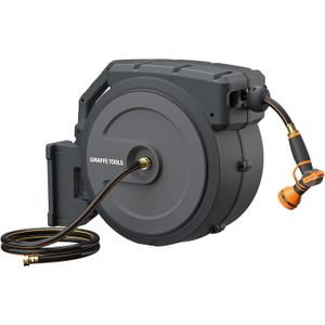 Giraffe Tools AW40 Retractable Hose Reel 5/8" x 90 ft Wall Mounted Garden Hose Reel Heavy Duty, Automatic Rewind, 180 Deg Swivel, Any Length Lock, 9 Pattern Nozzle, 90 ft, Dark Grey