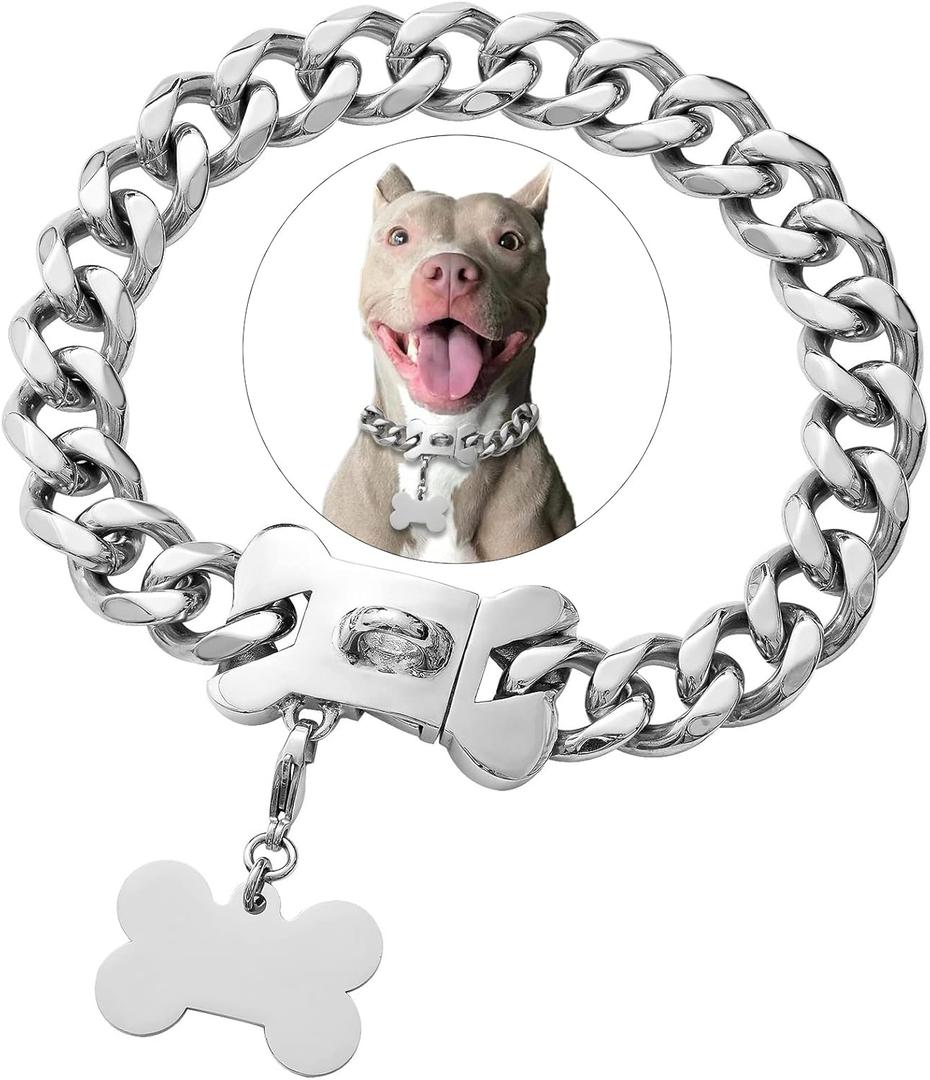 Stainless Steel Cuban Silver Link Heavy Duty Necklace Dog Collar for Small Medium Large Dogs, American Bully French Bulldog Dog Collar with CZ Luxury Safety Personalized Dog Tag (20 Inch (Pack of 1))