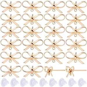 SUNNYCLUE 1 Box 50Pcs Real 18K Gold Plated Earring Posts Stud Earring Findings Earring Studs Earring Stud with Hole Bowknot Post Earrings for Jewelry Making Accessories DIY Dangle Earrings Supplies