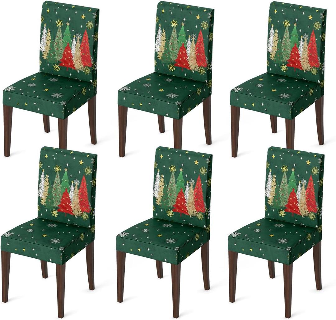 Horaldaily 6PCS Christmas Dining Green Chair Covers, Xmas Tree Pine Tree Stars Stretch Removable Washable Slipcover Chair Protector for Dining Room Home Decor