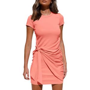 BTFBM Women 2026 Summer Casual Short Sleeve Ruched Bodycon Tank T Shirt Dress Tie Waist Sun Beach Spring Mini Dresses (Pink, XXL)