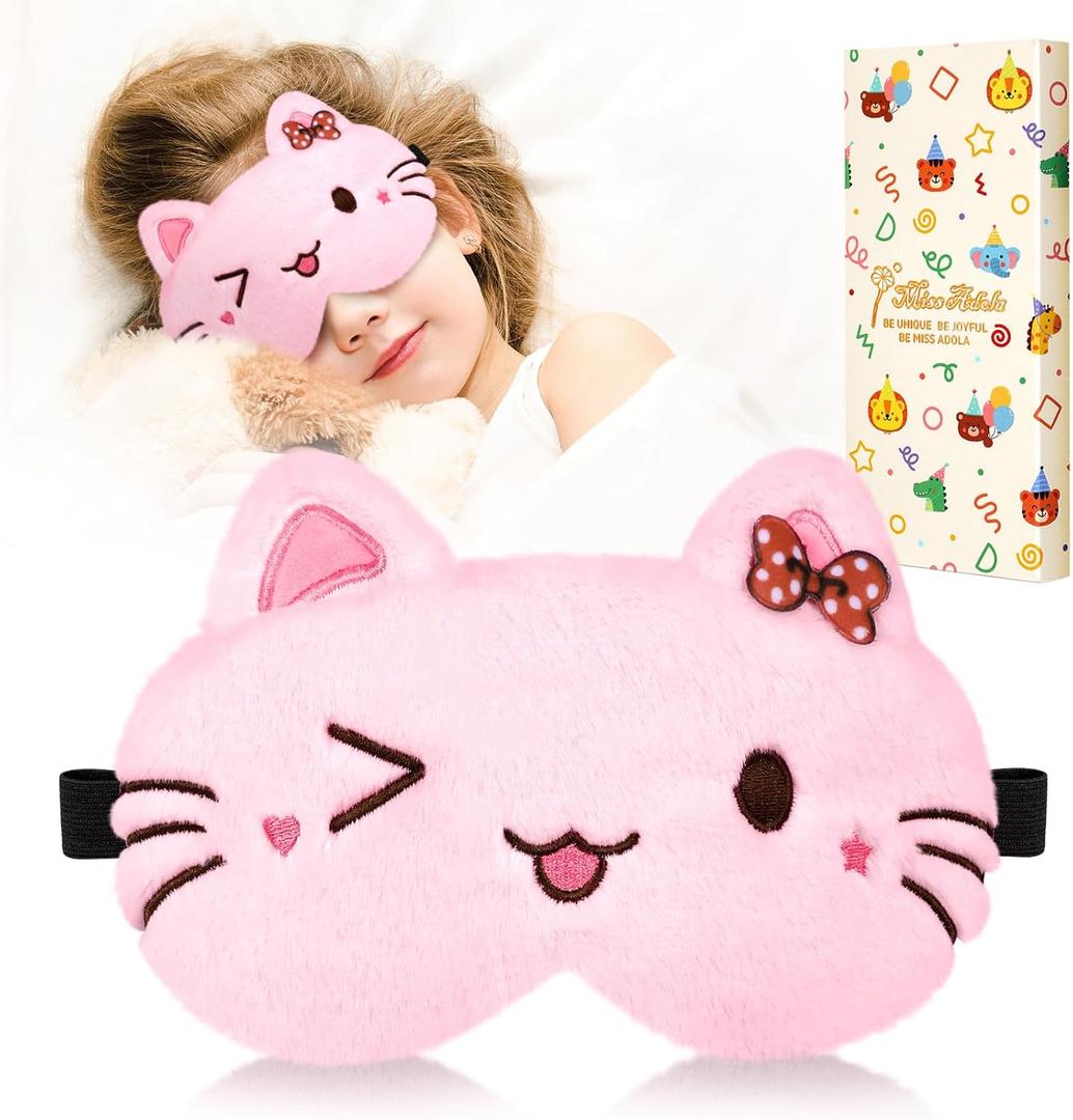 Sleep Mask for Kids - Cute Cartoon Plush Fuffy Sleeping Eye Cover Cat Kawaii Soft Eyeshade with Adjustable Strap Animal Eye Blindfold for Kids Girls Boys Teens
