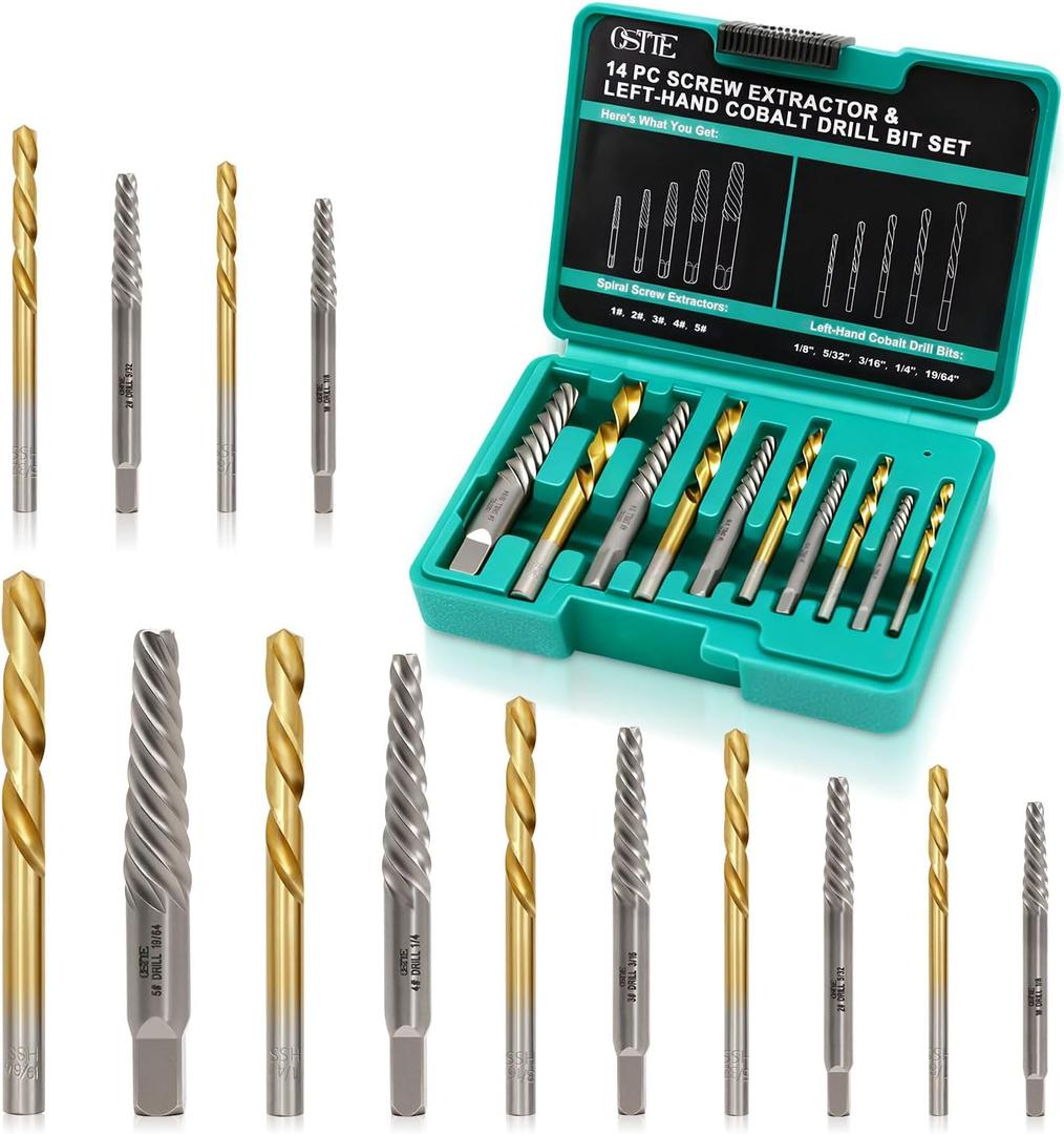 Screw Extractor Set 14Pcs, Bolt Extractor Kit with Left Hand Drill Bits Set, Easy Out Tool for Removing Stripped Screws & Broken Bolts, 35# Cr-Mo & 6542 HSS Steel