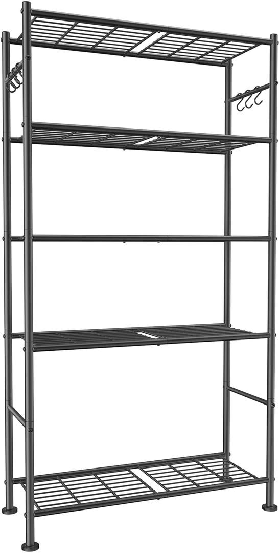 Sakugi Storage Shelves - 5-Tier Large Capacity Shelf Organizer with Hooks, Heavy-Duty Garage Shelving with Leveling Feet, Wobble-Free Rack for Bedroom, Balcony, Garage, 32.1"12.4"71.4", Black