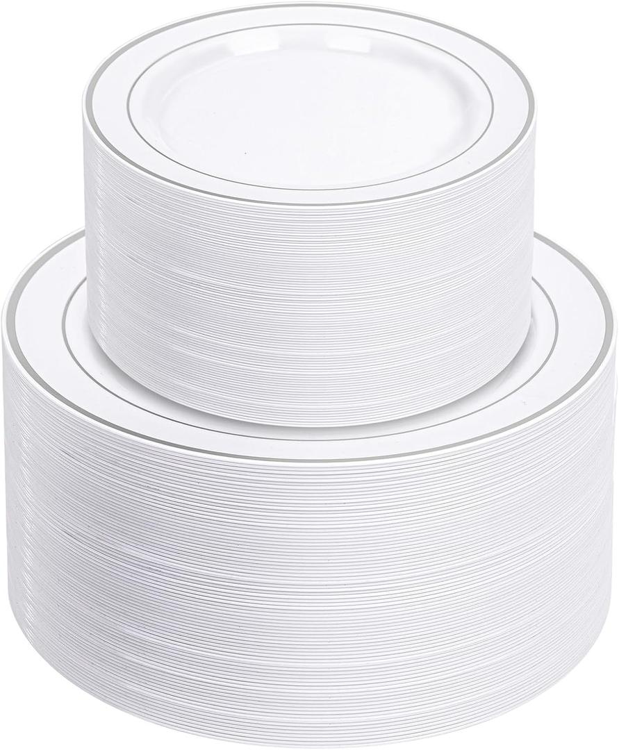 NOCCUR 200PCS Silver Plastic Plates Disposable for 100 Guests - Include 100 Dinner / 100 Dessert Plates Heavy Duty - Ideal for Party/Wedding/New Year