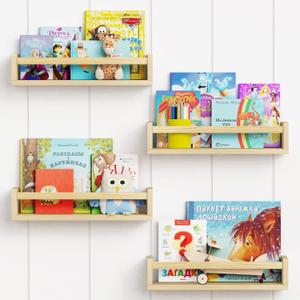 Forbena Natural Wood Nursery Book Shelves Wall Mounted, Floating Bookshelf for Kids Room, Toys and Books Storage Organizer Bookshelves for Toddler Child Bedroom Bathroom (4 Pack Natural Wood) (16.5 Inch)