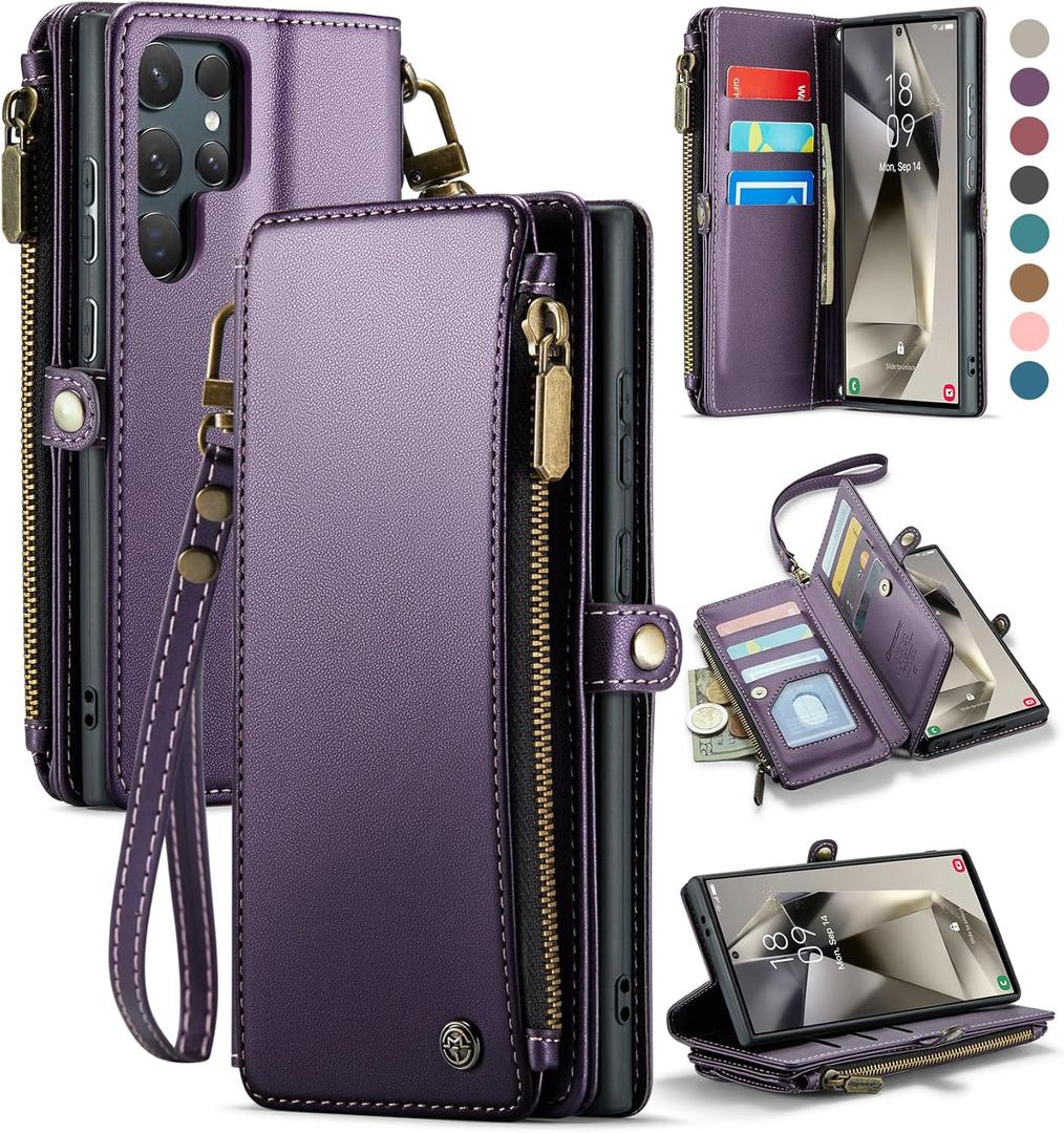 Defencase Compatible with Samsung Galaxy S24 Ultra Case Wallet with RFID Blocking Card Holder for Women Men, PU Leather Magnetic Snap Flip Zipper Strap Phone Case Fit for Galaxy S24 Ultra 5G, Purple