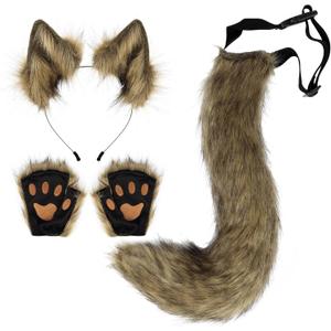 Faux Fur Wolf Ears Headband Fox Tail and Paw Gloves Set Cosplay Halloween Costume Accessories