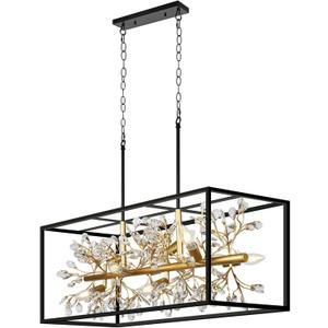 CNRATYE Large Black and Gold Rectangle Chandelier, 8-Light Modern Farmhouse Dining Room Light Fixtures Over Table, Crystal Chandeliers for Kitchen Island Pool Table Room