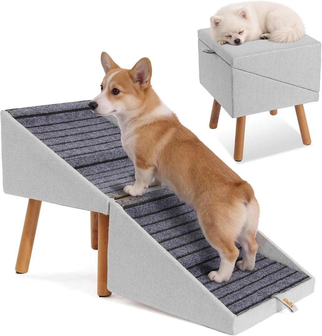 Dog ramp for Small Dogs, 2-in-1 Pet Steps & Ottoman - Foldable Dog ramp for Couch, Non-Slip Wooden Pet ramp for Puppy Senior Injured Dogs (Light Grey, XL(17.13H))