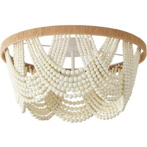 20-inch White Boho Chandelier Large Wood Beaded Flush Mount Ceiling Light with Hand-Woven Shade for Bedroom, Bedroom, Living Room, Nursery Room 5-Lights