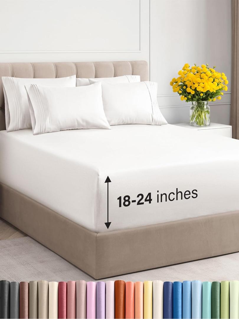 Extra Deep Queen Sheet Set - 6 Piece Breathable & Cooling Sheets - Hotel Luxury Bedding Set w/18-24 Inch Extra Deep Pockets - Easy Fit - Super Soft, Wrinkle Free and Comfy - White, Queen Size