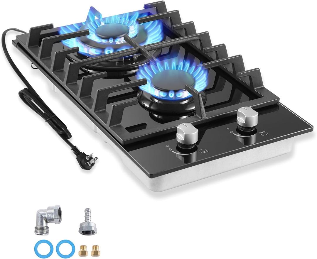 Amzgachfktch Gas Cooktop 2 Burner Propane Cooktop, 12 Inch Gas Stove Top with Thermocouple Protection, LPG/NG Dual Fuel Built-in Tempered Glass Stove for Apartment, Indoor, RV
