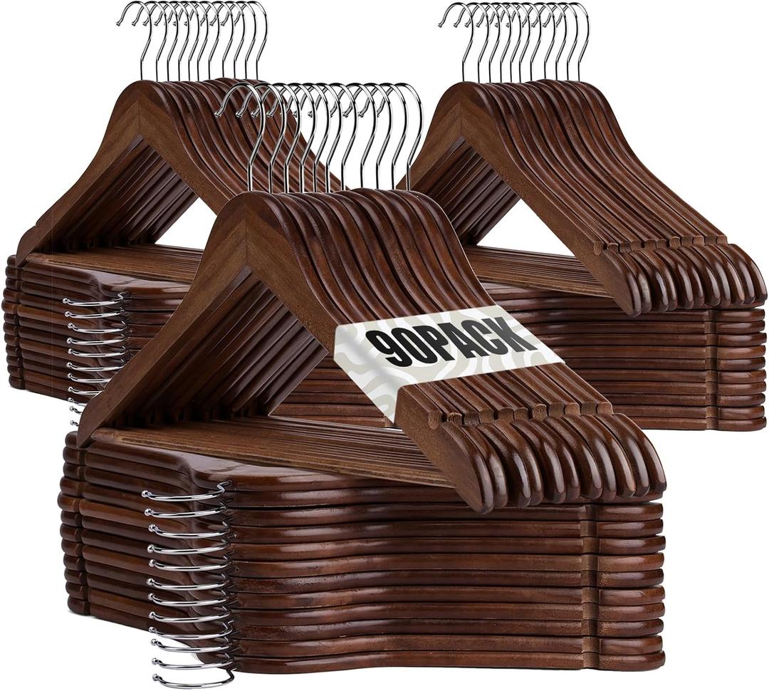 Wooden Hangers 90 Pack,Wooden Clothes Hanger for Daily Used,Heavy Duty Wood Hangers with Pant Bar & Precisely Cut Notches,Premium Hanger for Heavy Coats,Shirts,Suits,Dresses (Walnut), 8.3 inches x 17 inches