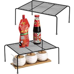 Lonian Kitchen Cupboard Organiser [ 2 Pack ], Home and Kitchen Storage Shelf Wire Rack for Kitchen Cabinets, Counter-Tops, Pantries, Food and Utensils (Black)