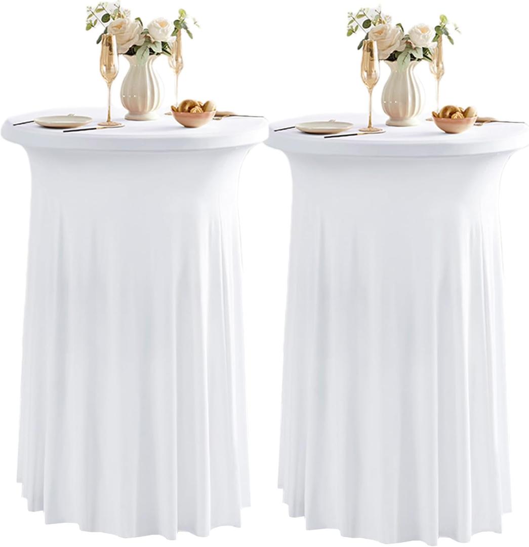 2 Pack Round Cocktail Tablecloths with Skirt Stretch Spandex Table Covers 24"x43" Cocktail Round Table Skirt for Party Wedding Birthday Banquet, White