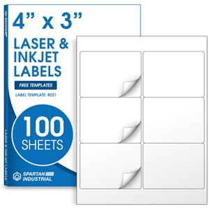 4" X 3" Matte White Printable Labels Compatible with Inkjet and Laser Printers - 100 Sheets, 600 Total Paper Stickers for Shipping, QR Codes, and Barcodes - Spartan Industrial