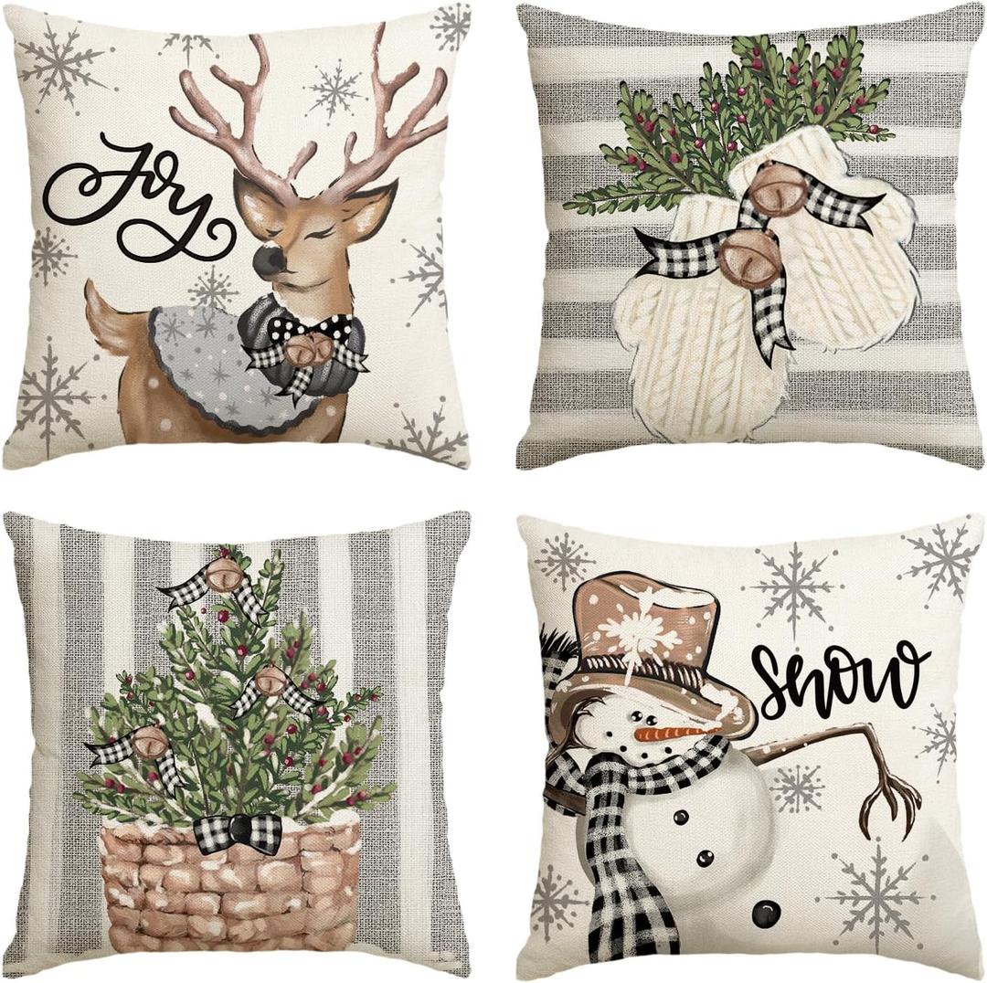 AVOIN colorlife Christmas Snowman Reindeer Gloves Eucalyptus Throw Pillow Covers, 18 x 18 Inch Winter Holiday Stripes Cushion Case Decoration for Sofa Couch Set of 4 (Grey)