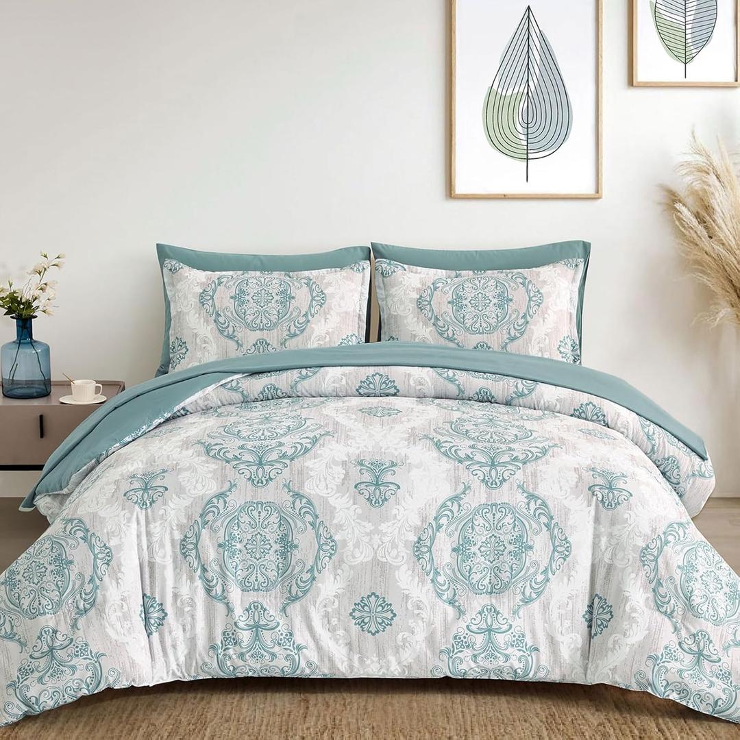 WONGS BEDDING Aqua Comforter Set King Size, Damask Texture 7 Pieces Bed in a Bag Microfiber Bohemian Comforter Bedding Sheet Set with Comforter, Flat Sheet, Fitted Sheet, Pillow Shams, Pillowcases