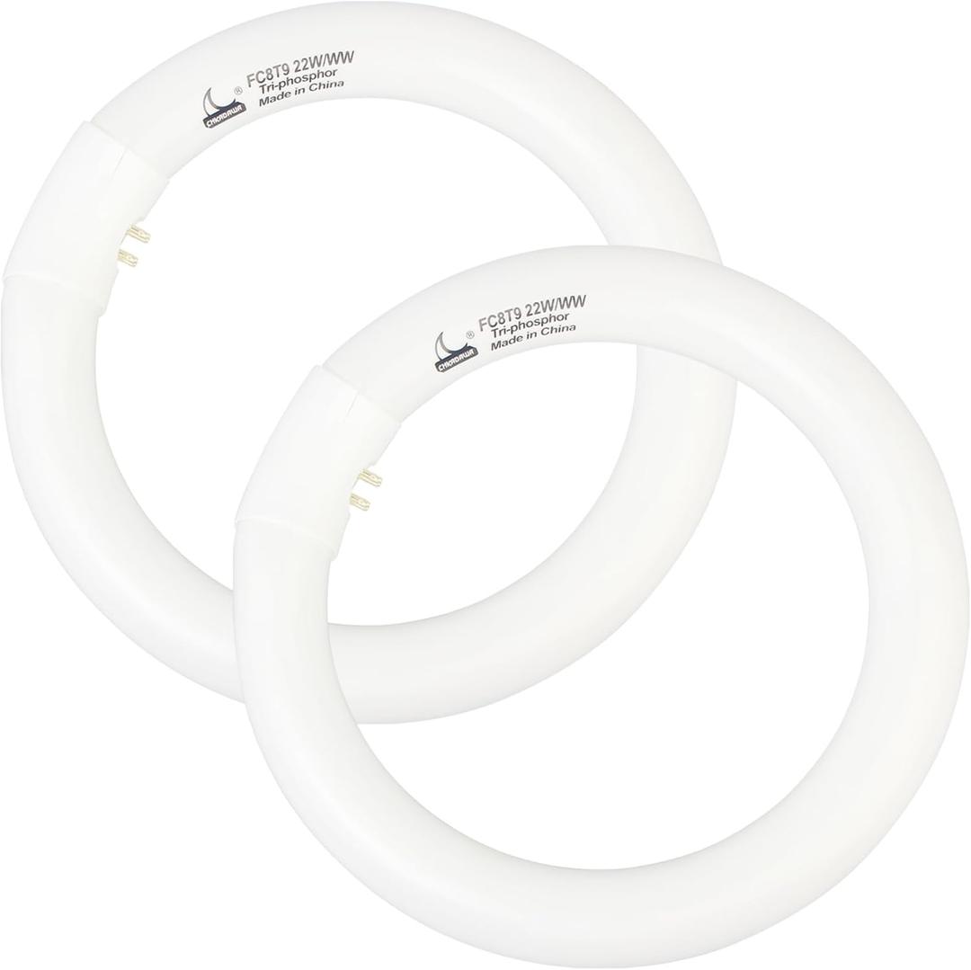 CHKADAWA FC8T9/KB 22W Round Light Bulb, 8 Inch T9 22 Watt Circular Fluorescent Light Bulbs, Replacement Circline Fluorescent Lamp, Warm White 3000K 1400 Lumens, G10q 4 Pin Prong, 2 Pack