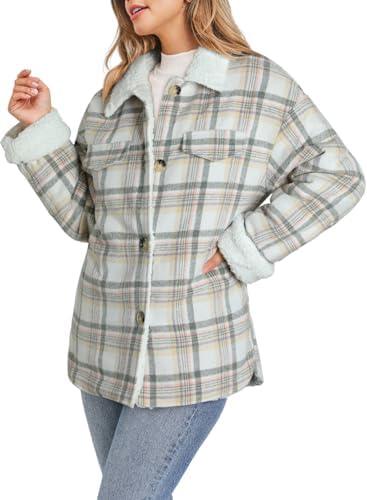 Dokotoo Winter Coats for Women Button Down Plaid Flannel Shirts Warm Sherpa Fleece Jacket Size S