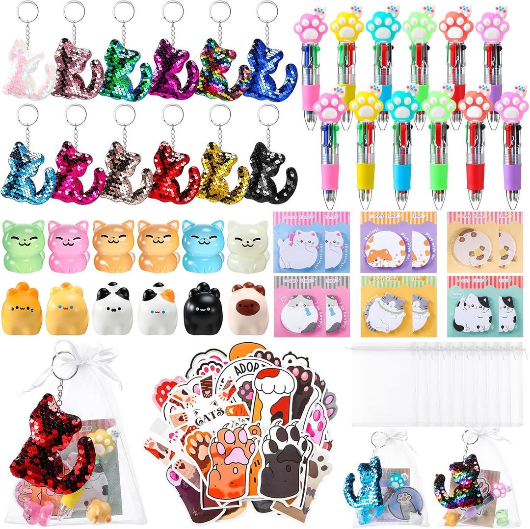 Nosiny 108 Pcs Cat Themed Party Favors Birthday Decorations Include Cat 4 in 1 Ballpoint Pens Keychain Sticky Note Resin Figurines Stickers Organza Bags for Goodies Bags Stuff Rewards
