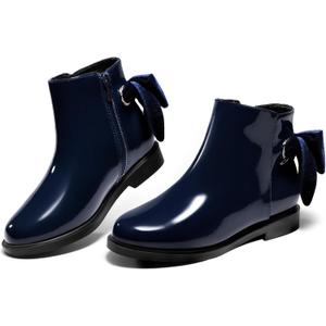 Coutgo Girls Ankle Boots Kids Bow Chunky Low Heel Side Zipper Dress Booties Fashion Fall Shoes (3 Little Kid, Navy Blue)