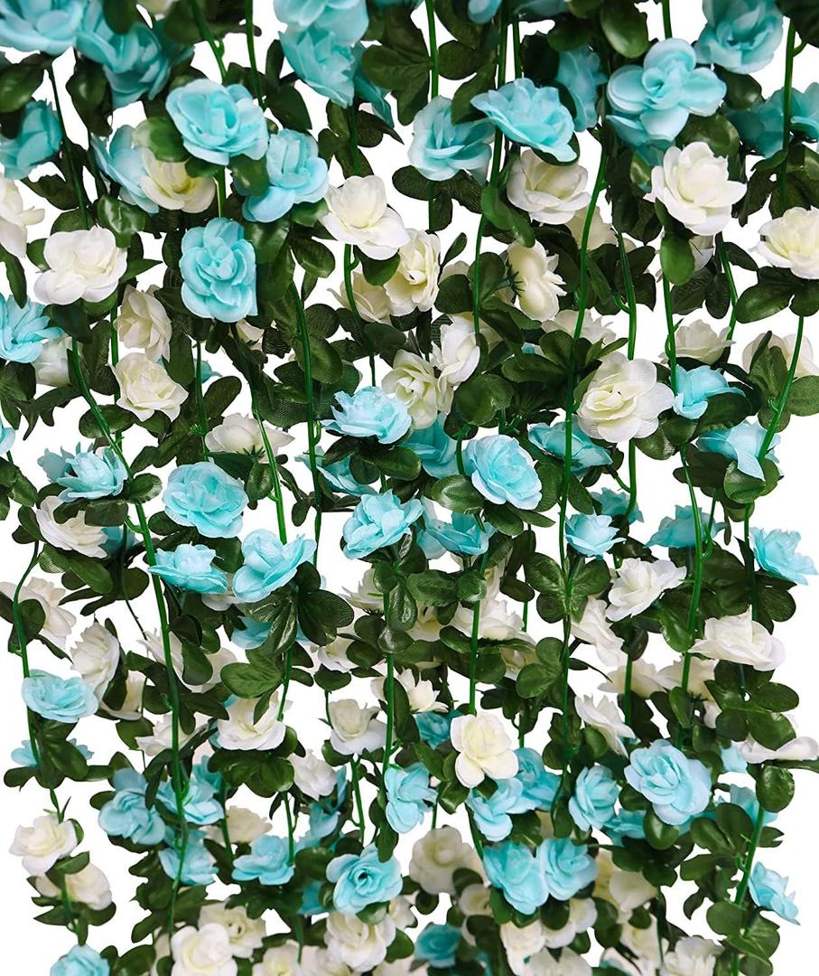 8pcs 65.6Ft Flower Garland,PARTY JOY Fake Rose Vine Artificial Flowers Hanging Rose Ivy Garland for Room Wall Decor Hanging Baskets Wedding Arch Garden Background Decor (Blue-8PCS)