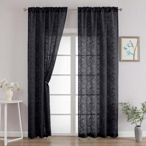 OVZME Extra Long Light Grey Sheer Curtains 96 Inches Long 2 Panels, Elegant Voile Semi Sheer Curtains for Living Room, Textured Leaf Jacquard Window Drapes for Sliding Door, 2x42Wx96L Inches