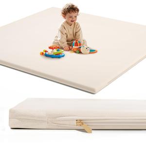 Padded Baby Play Mat for Floor: 50x50 Extra Thicker Cushioned Non-Toxic Vegan Leather Waterproof Infant Playmat for Babies Toddlers Kids Crawling Sit Play - Fits 47x47and 50x50 Playpen Yard Beige