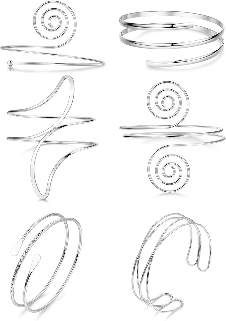 REVOLIA 6Pcs Gold Arm Cuff Open Upper Arm Band Cuff Bangle for Women Adjustable Arm Cuff Bracelet Minimalist Coil Leaf Armband Set, Silver