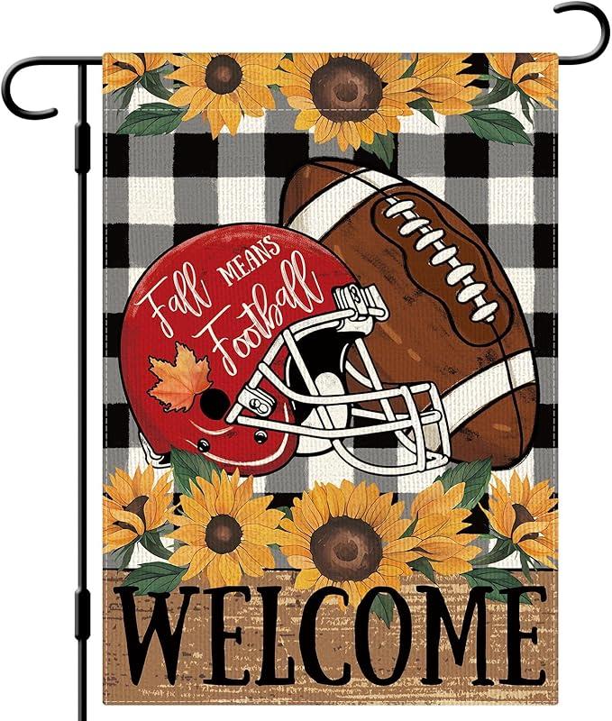 DLZDN Fall Football Welcome Garden Flag Thanksgiving Sunflower Garden Flag Autumn Sports Game Day Yard Flag 12×18 Inch Double Sided Vertical Buffalo Plaid Farmhouse Yard Seasonal Holiday Outdoor Decor