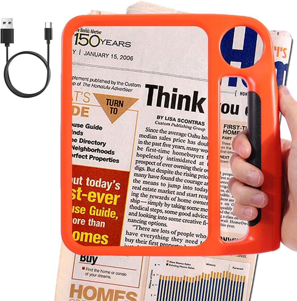 5X 10X Full Page Magnifying Glass for Reading, Rechargeable with 48 Adjustable LED Lights & 3 Light Modes, Comfort-Grip & Lightweight Handheld Magnifier for Seniors, Reading Aid, Low Vision(Orange)