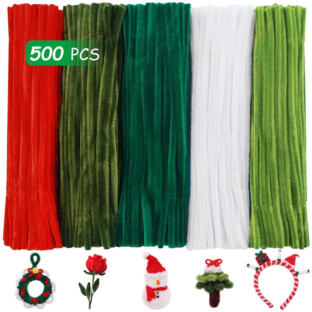 Yalumo Pipe Cleaners Craft Supplies, 500 PCS Green Pipe Cleaners Bulk, 12 Inch 5 Assorted Colors Fuzzy Chenille Stems Sticks Set, Soft Arts and Crafts Decorations, Creative Fun Stuff for Kids Adults