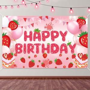 PEUTIER Strawberry Birthday Banner, Happy Birthday Party Decorations Colorful Backdrop Happy Birthday Yard Sign Background Indoor Outdoor Birthday Party Supplies for Boys Kids Girls