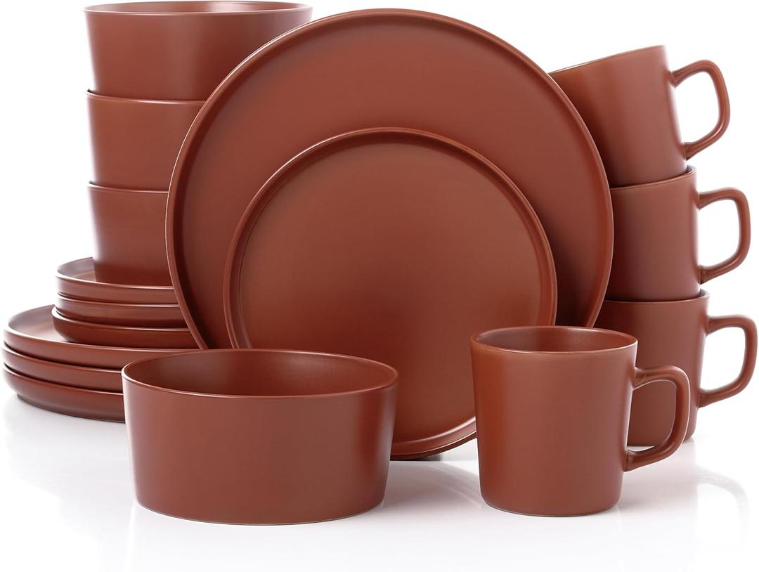 Lorren Home Trends Red Stoneware Dinnerware Set, 16 Piece, Service for 4, Microwave and Dishwasher Safe