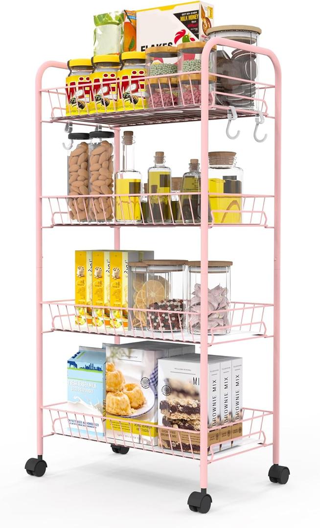 PLKOW 4-Tier Metal Rolling Utility Cart, Multi-Functional Storage Cart for Office, Living Room, Kitchen, Bathroom, Lightweight Organizer Cart with Wheels, Pink